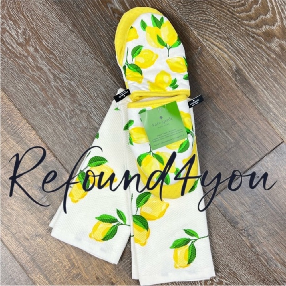 Kate Spade - ‘Lemons bundle’ dish towels (2) & oven mitts (2). NWT Firm!